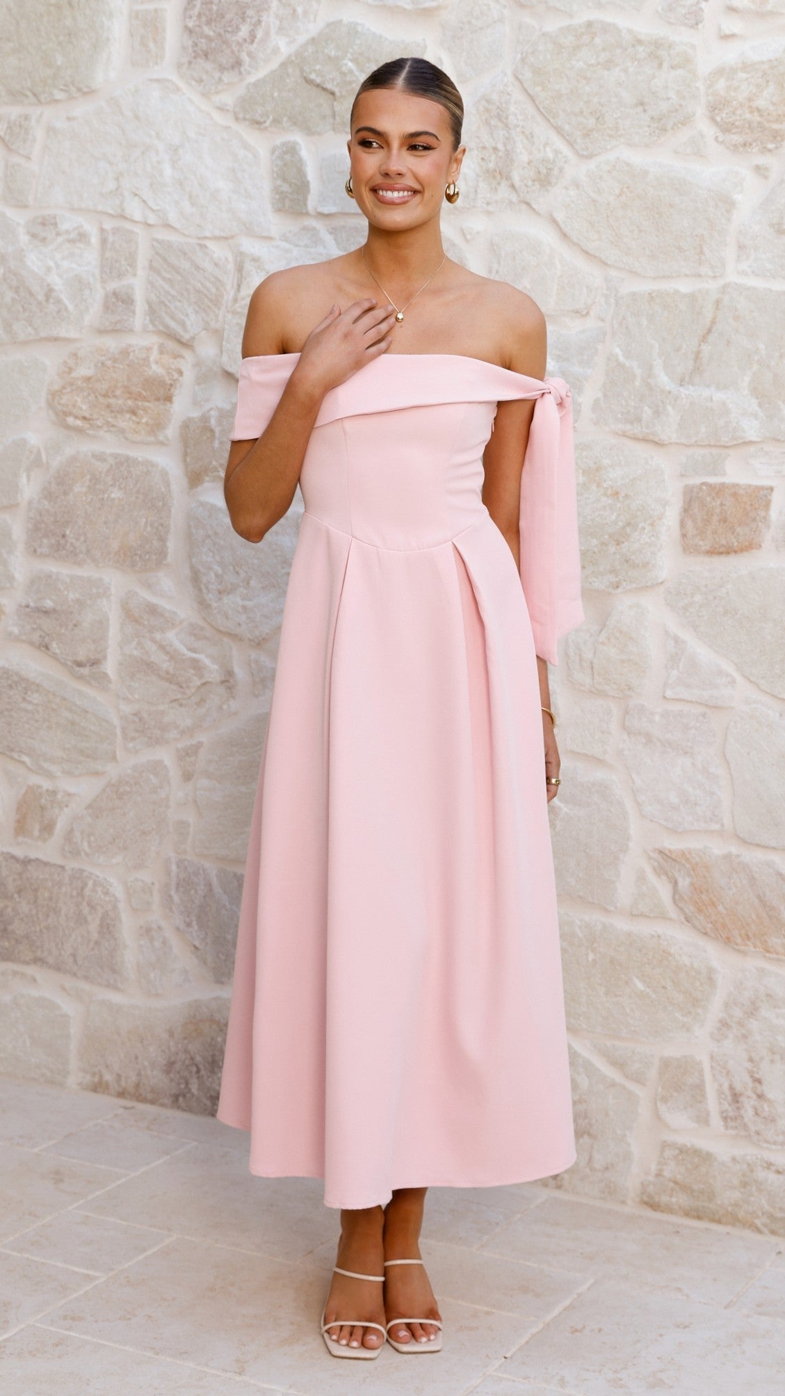 Bentley Off Shoulder Midi Dress - Pink