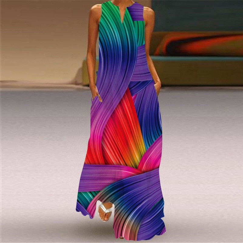 Ladies Spring Summer Long Dress Women Black Sleeveless V-neck Loose Party Dresses Casual Face Print Vintage Beach Dress