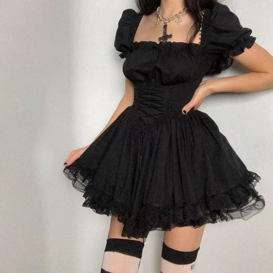 Lolita Black Dress Goth Aesthetic Puff Sleeve High Waist Vintage Bandage Lace Trim Party Gothic Clothes Summer Dress Woman 2022