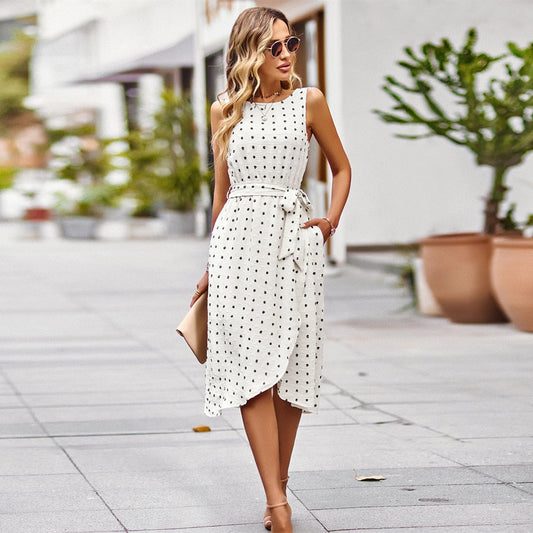 Ladies Sexy Sleeveless Porka Dot Boho Summer Dress Women Casual Bohemian Party Beach White Dress Women Sundress Vestidos Female