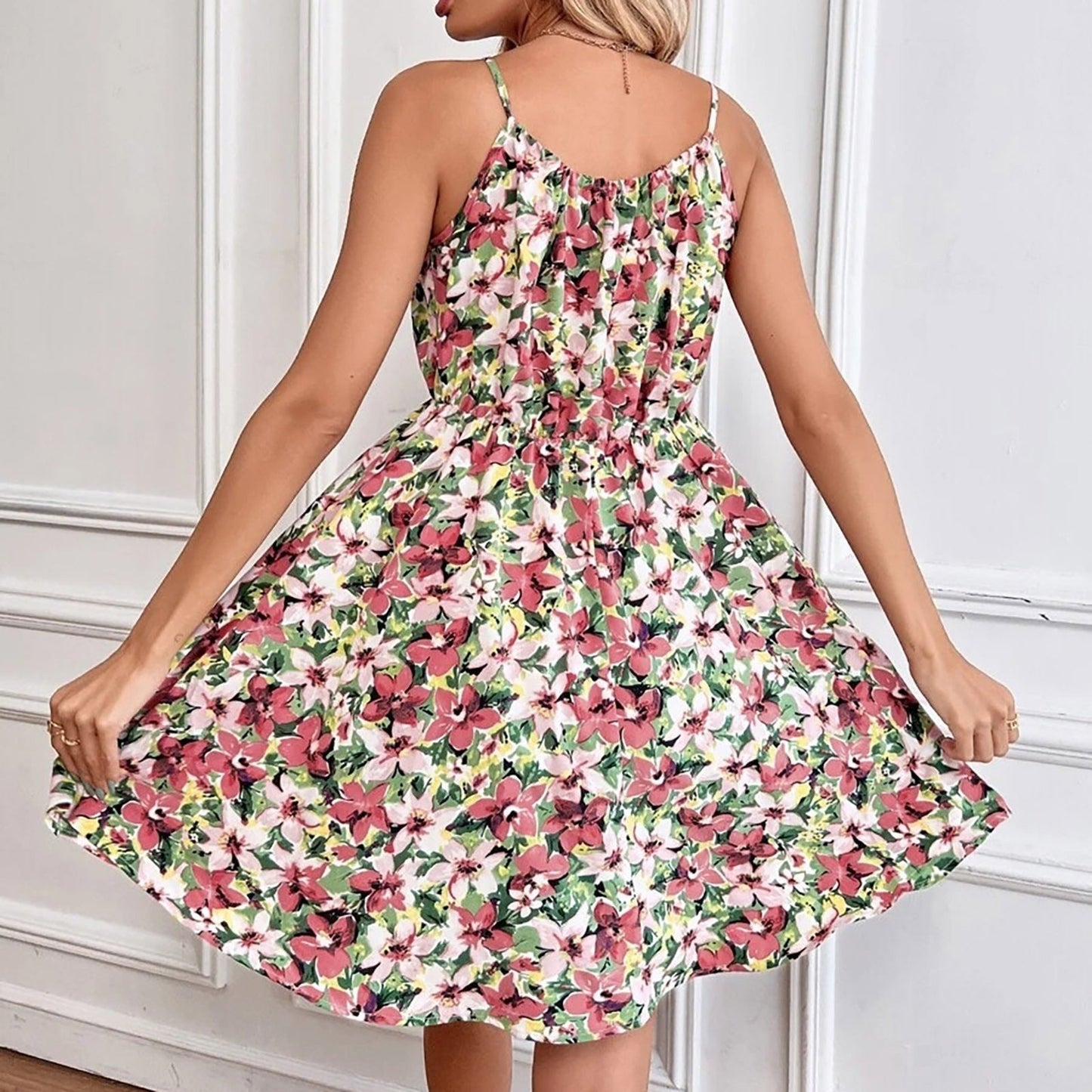 Ladies Summer Dresses 2023 Elegant Sleeveless Pullover Floral Print Elastic Waist Dress Sensual Sling Strap Tunic Sundress