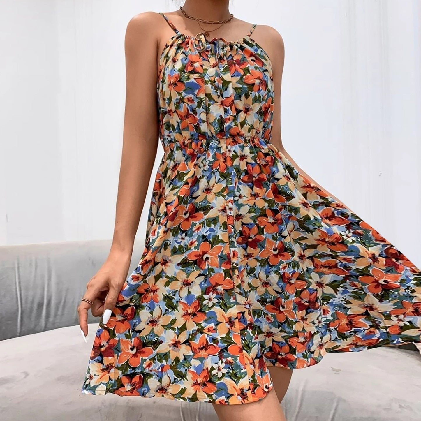 Ladies Summer Dresses 2023 Elegant Sleeveless Pullover Floral Print Elastic Waist Dress Sensual Sling Strap Tunic Sundress