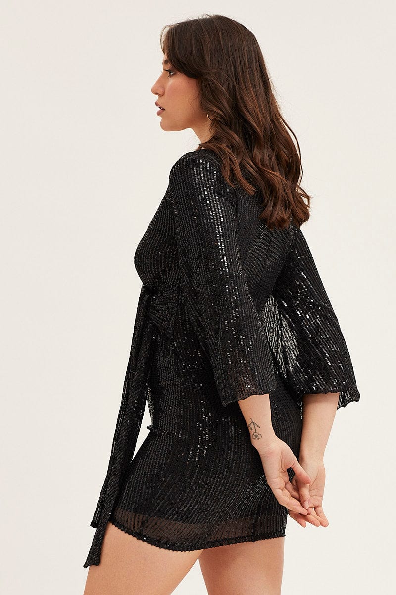Black Sequin Ruffle Wrap Party Mini Dress