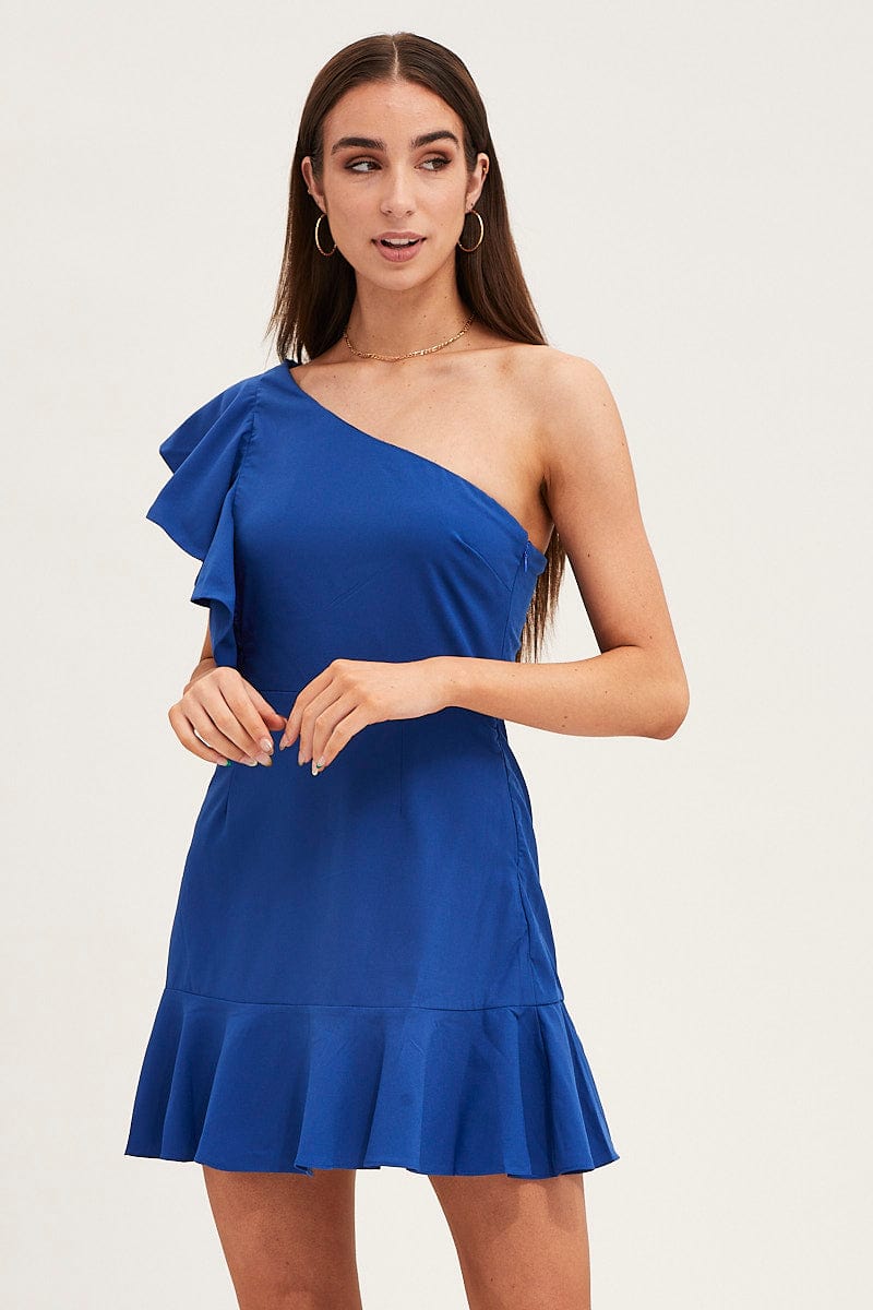 Blue Mini Dress Sleeveless One Shoulder Ruffled