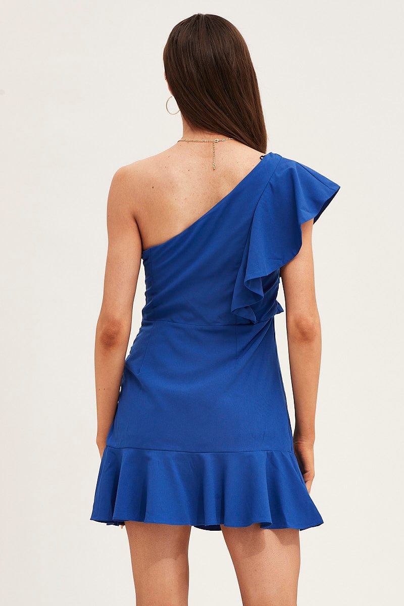 Blue Mini Dress Sleeveless One Shoulder Ruffled