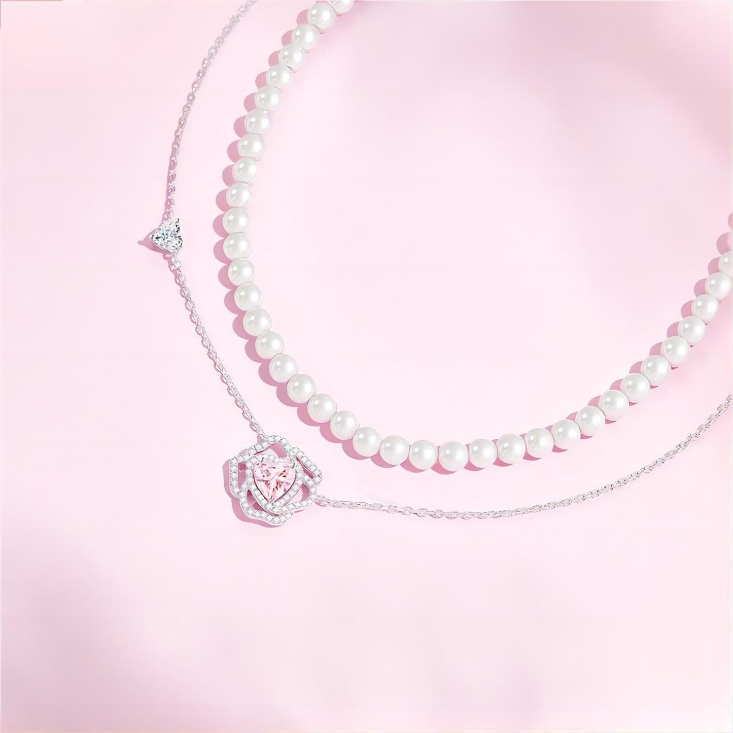 CZ Inlaid Pink Crystal Floral Heart Necklace