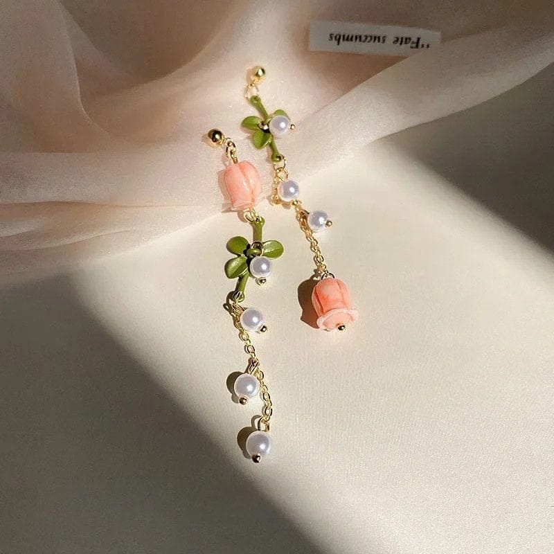 Dainty 24K Gold Filled Pink Tulip Crystal Pearl Chain Necklace Earrings Set