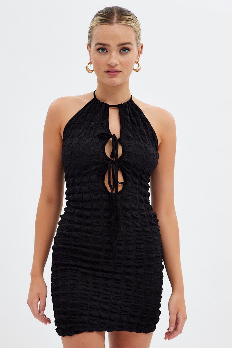Black Textured Mini Dress Backless