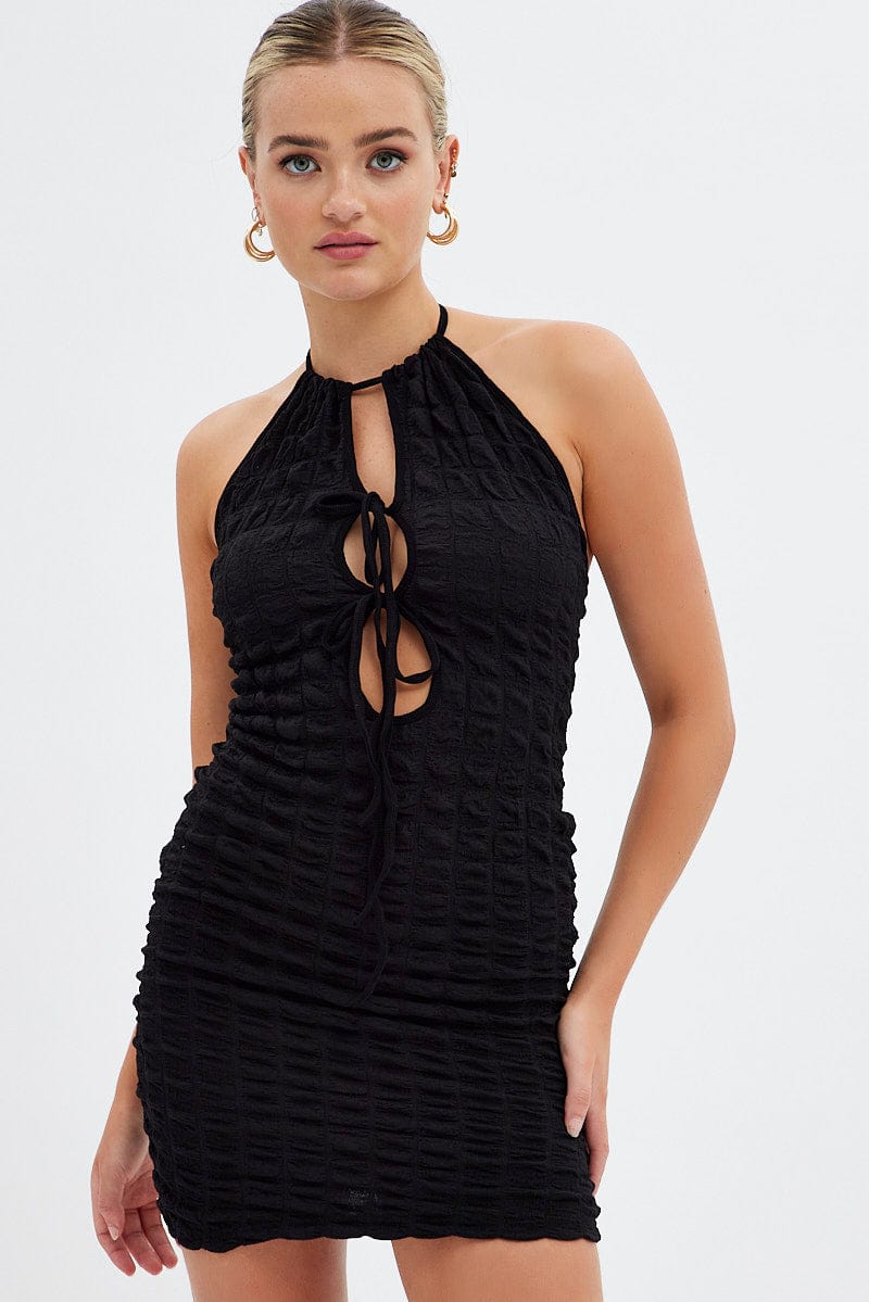 Black Textured Mini Dress Backless