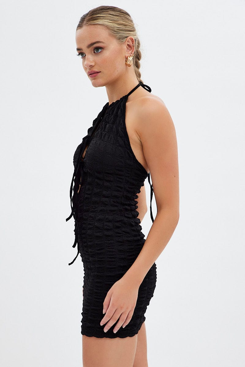Black Textured Mini Dress Backless