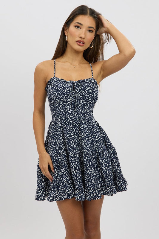 Blue Ditsy Fit And Flare Dress Mini