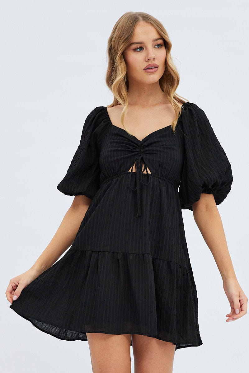 Black Fit And Flare Dress Mini Ruched Bust