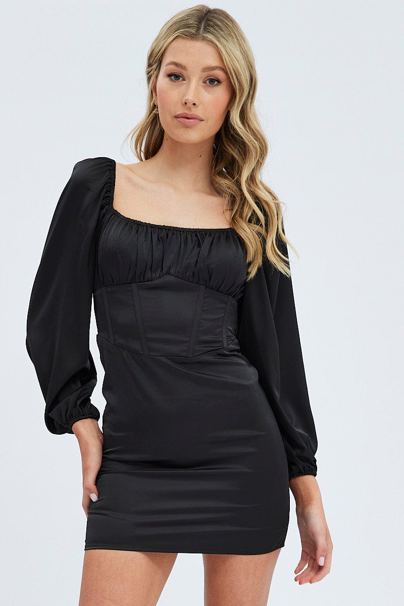 Black Mini Dress Corset Detail Long Sleeve