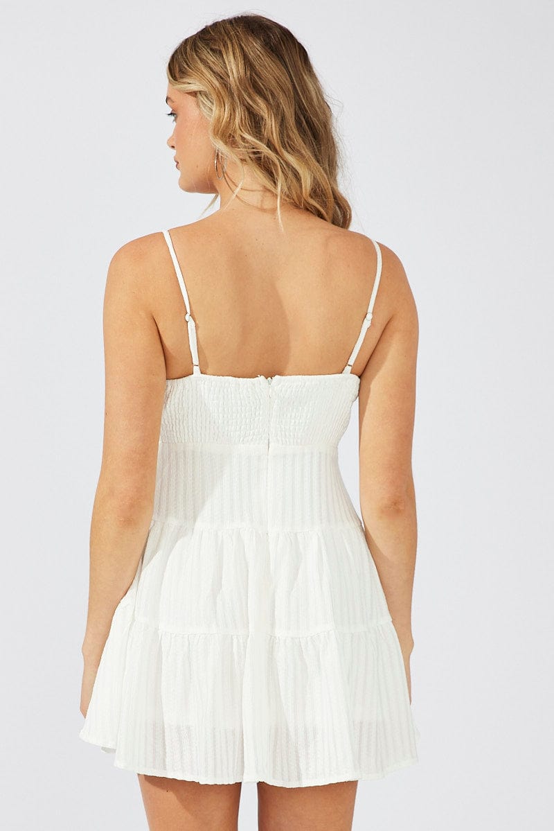 White Fit And Flare Dress Mini Textured Fabric