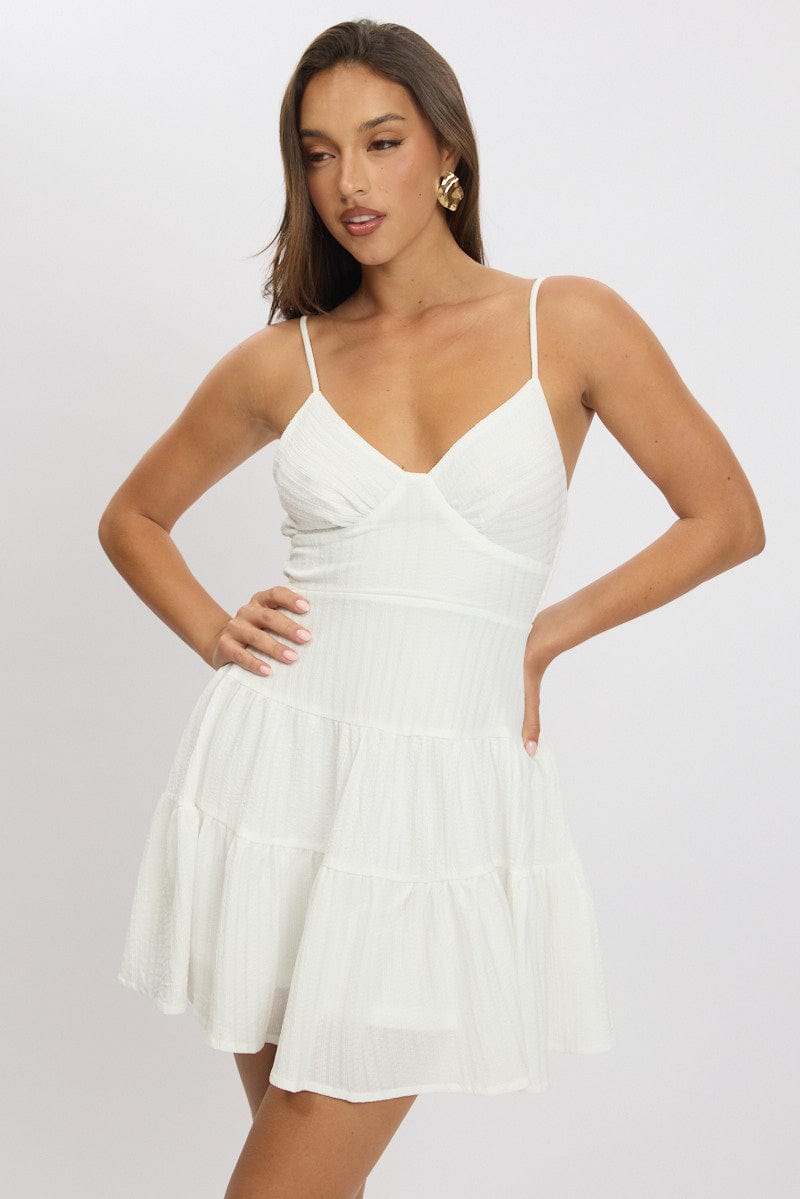 White Fit And Flare Dress Mini Textured Fabric
