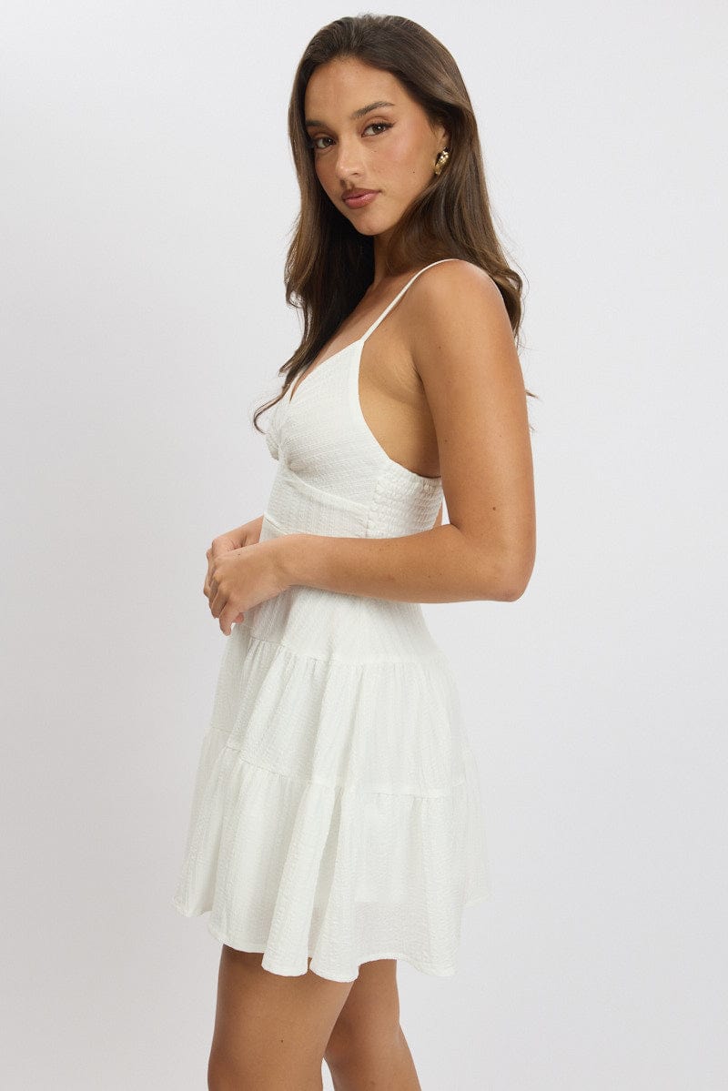 White Fit And Flare Dress Mini Textured Fabric