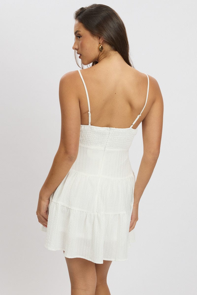 White Fit And Flare Dress Mini Textured Fabric