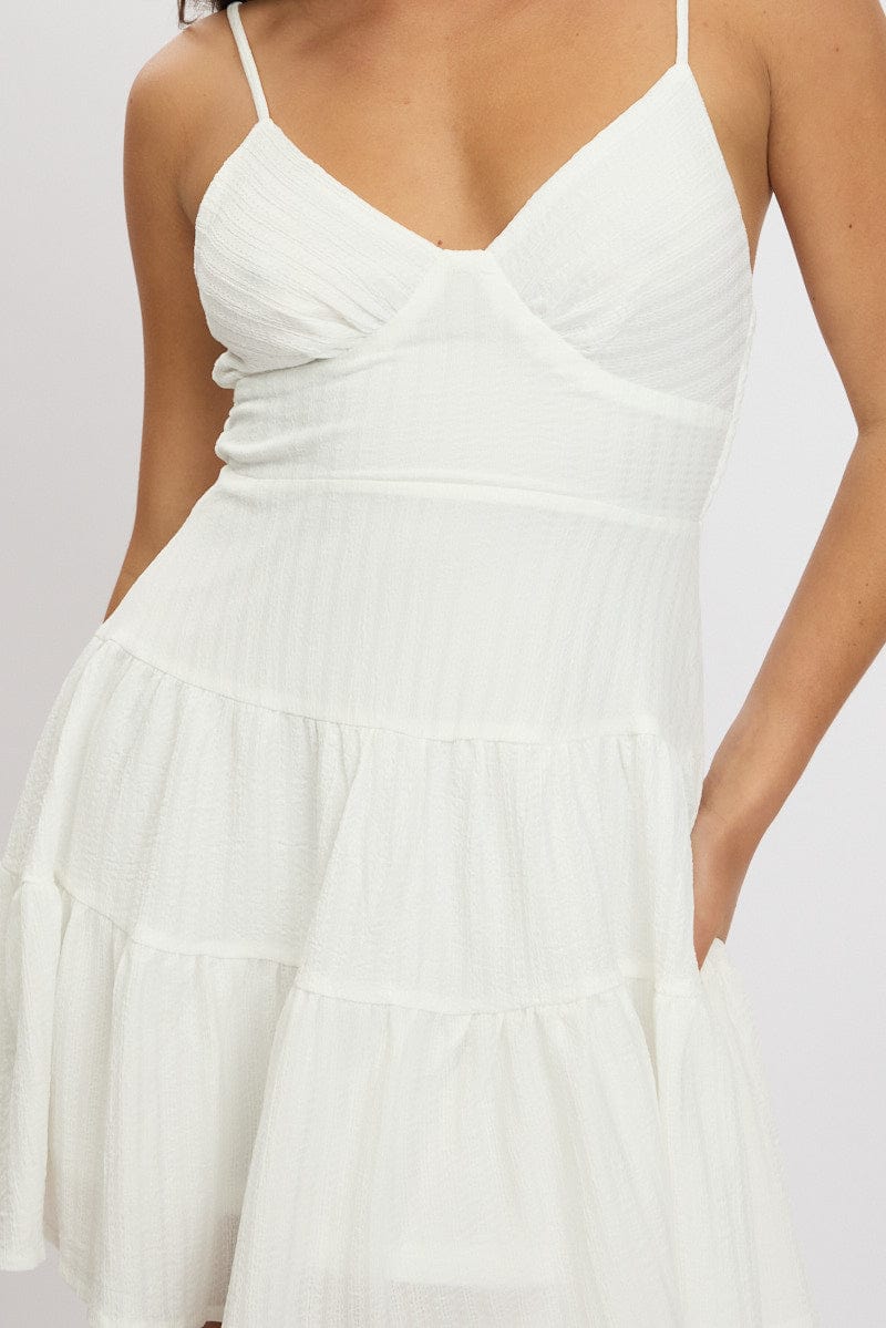 White Fit And Flare Dress Mini Textured Fabric