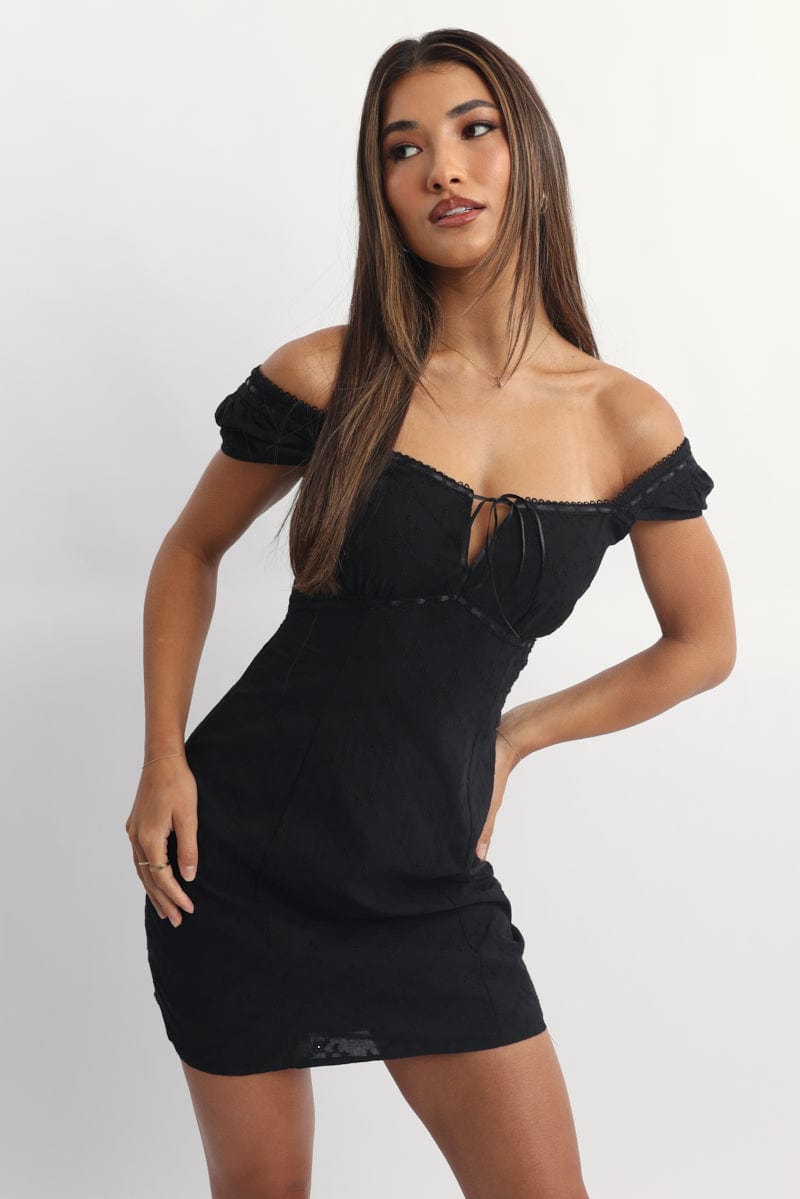 Black Mini Dress Ribbon Detail Eyelet Fabric