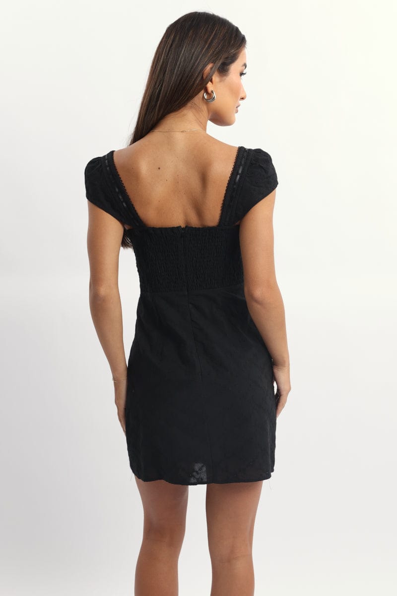 Black Mini Dress Ribbon Detail Eyelet Fabric