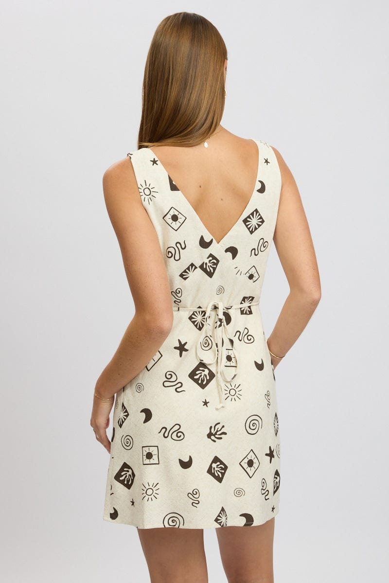 Beige Abstract A Line Mini Dress Sleeveless