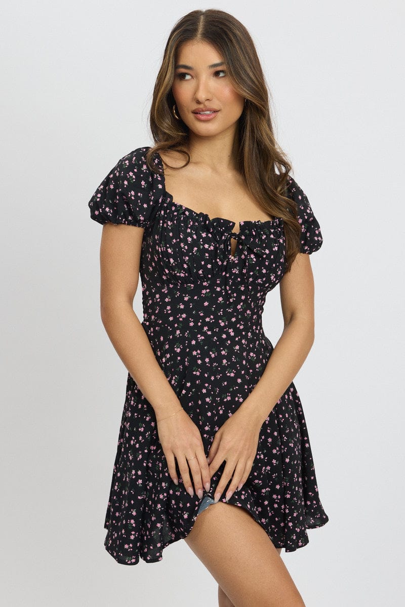 Black Ditsy Fit And Flare Dress Mini