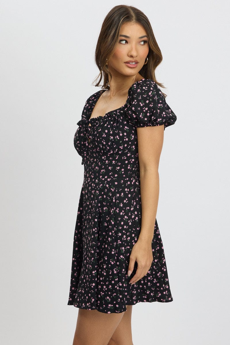Black Ditsy Fit And Flare Dress Mini