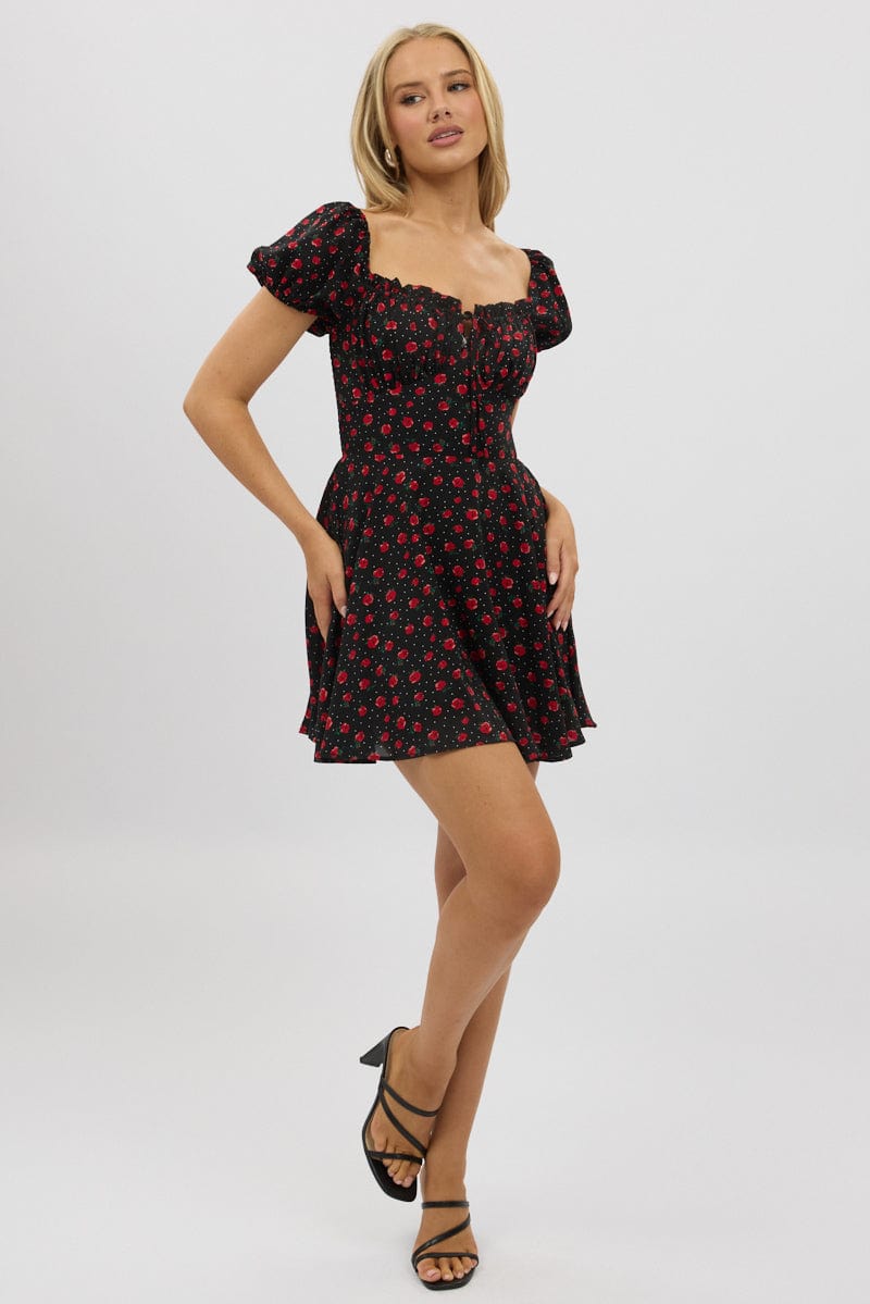 Black Ditsy Fit And Flare Dress Mini