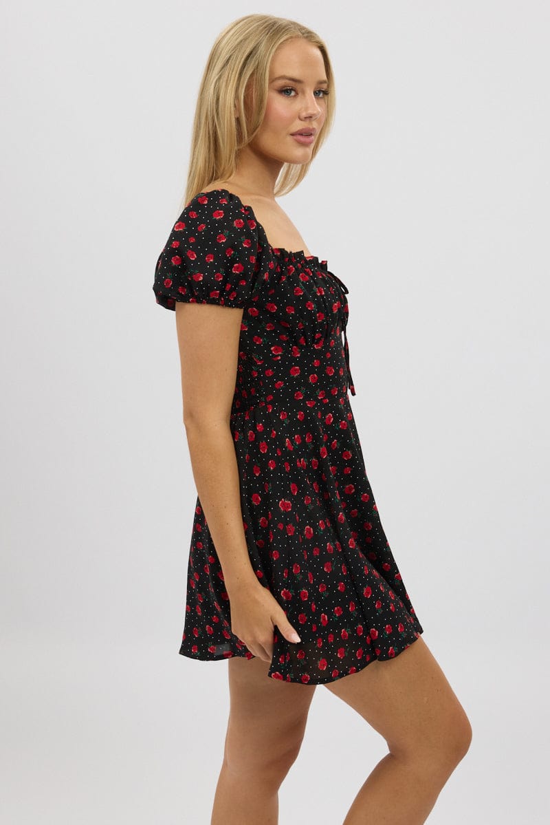 Black Ditsy Fit And Flare Dress Mini