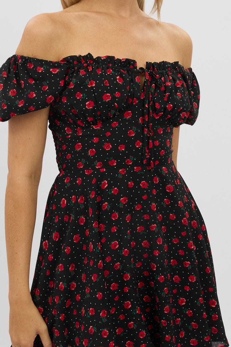 Black Ditsy Fit And Flare Dress Mini