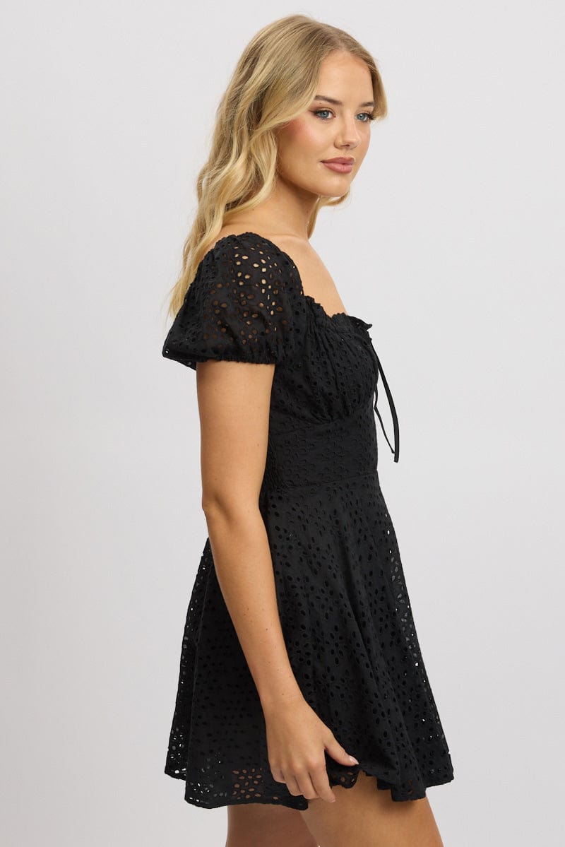 Black Fit And Flare Dress Mini Eyelet Fabric