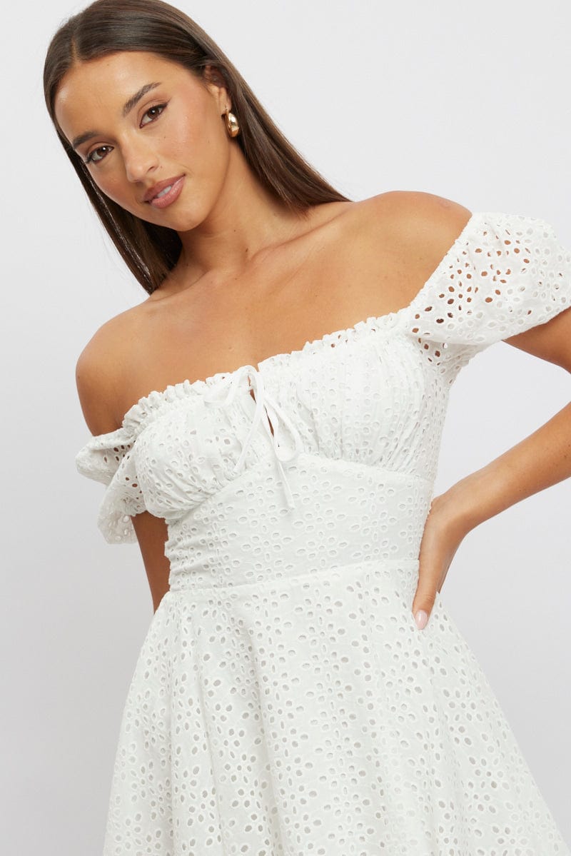 White Fit And Flare Dress Mini Eyelet Fabric