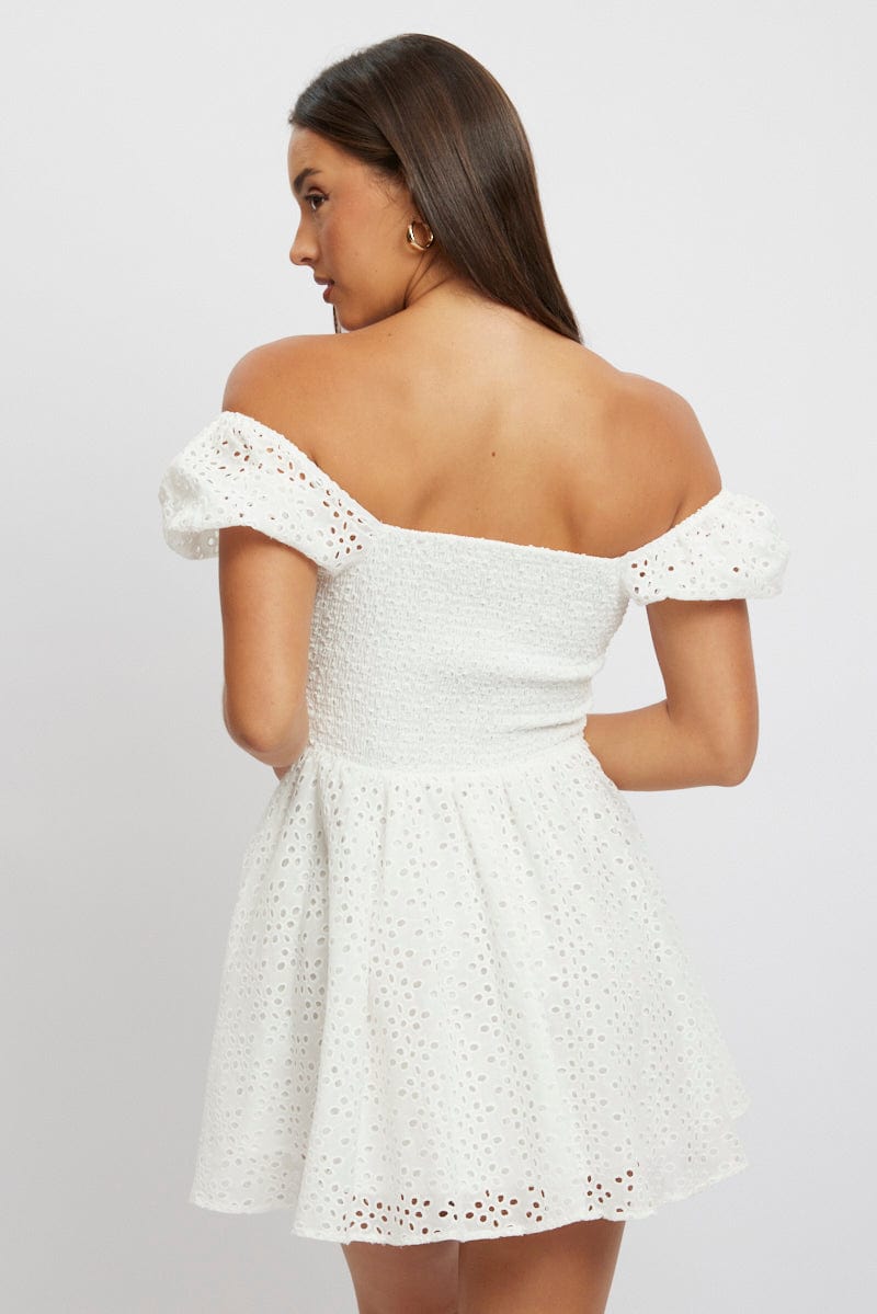 White Fit And Flare Dress Mini Eyelet Fabric