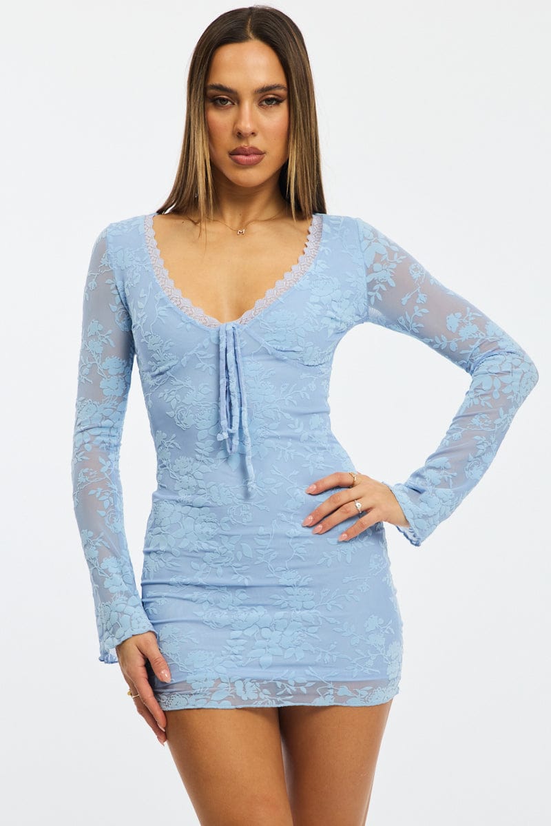 Blue Bodycon Dress Mini Long Sleeve Burnout