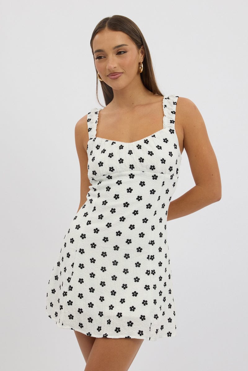 White Floral Mini Dress Gathered Bust