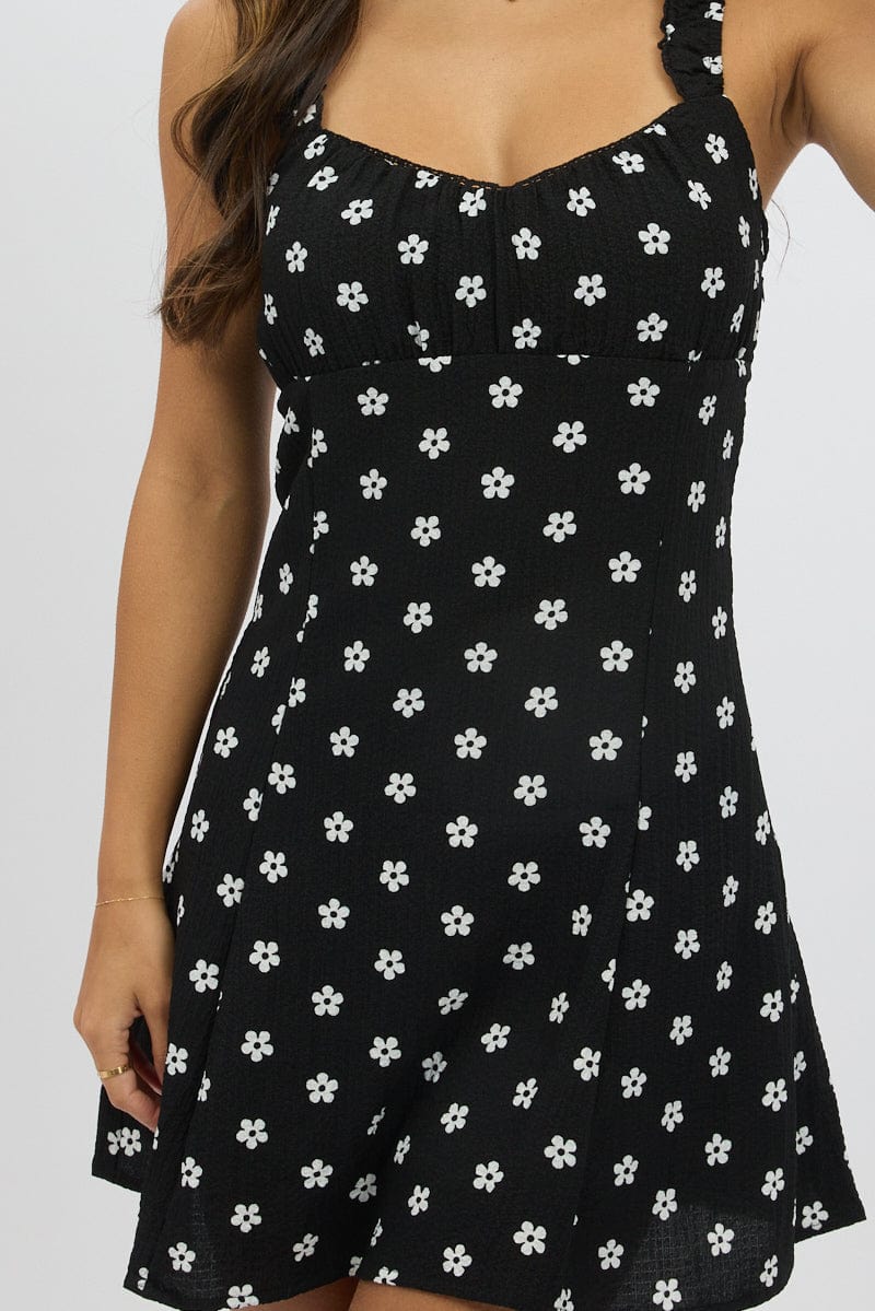 Black Floral Mini Dress Gathered Bust
