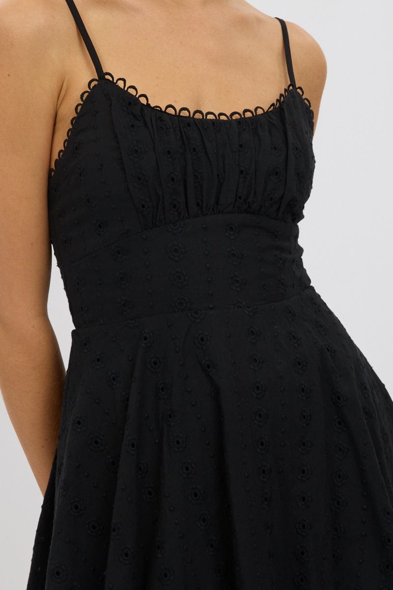 Black Fit And Flare Dress Mini Eyelet Fabric