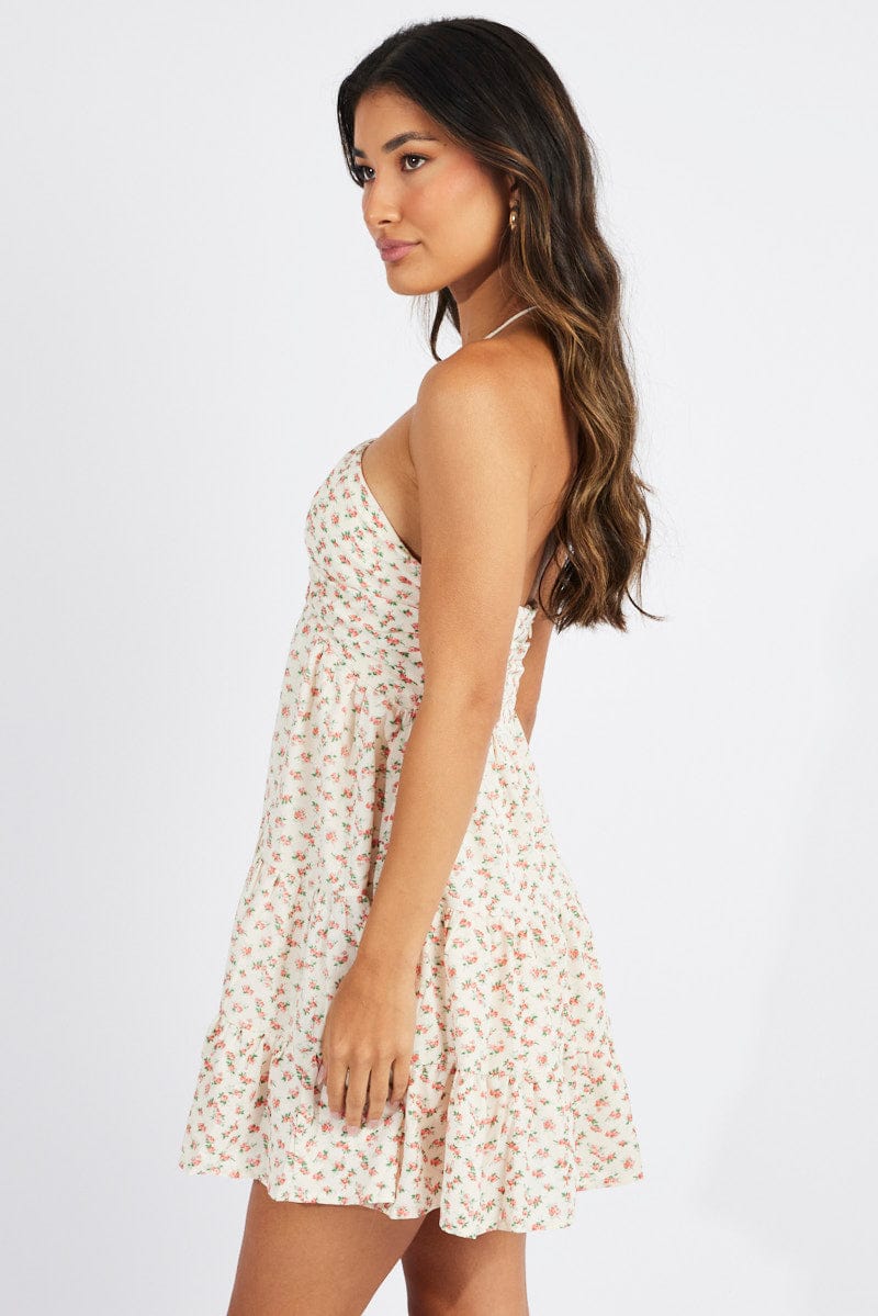 Beige Floral Fit And Flare Dress Mini