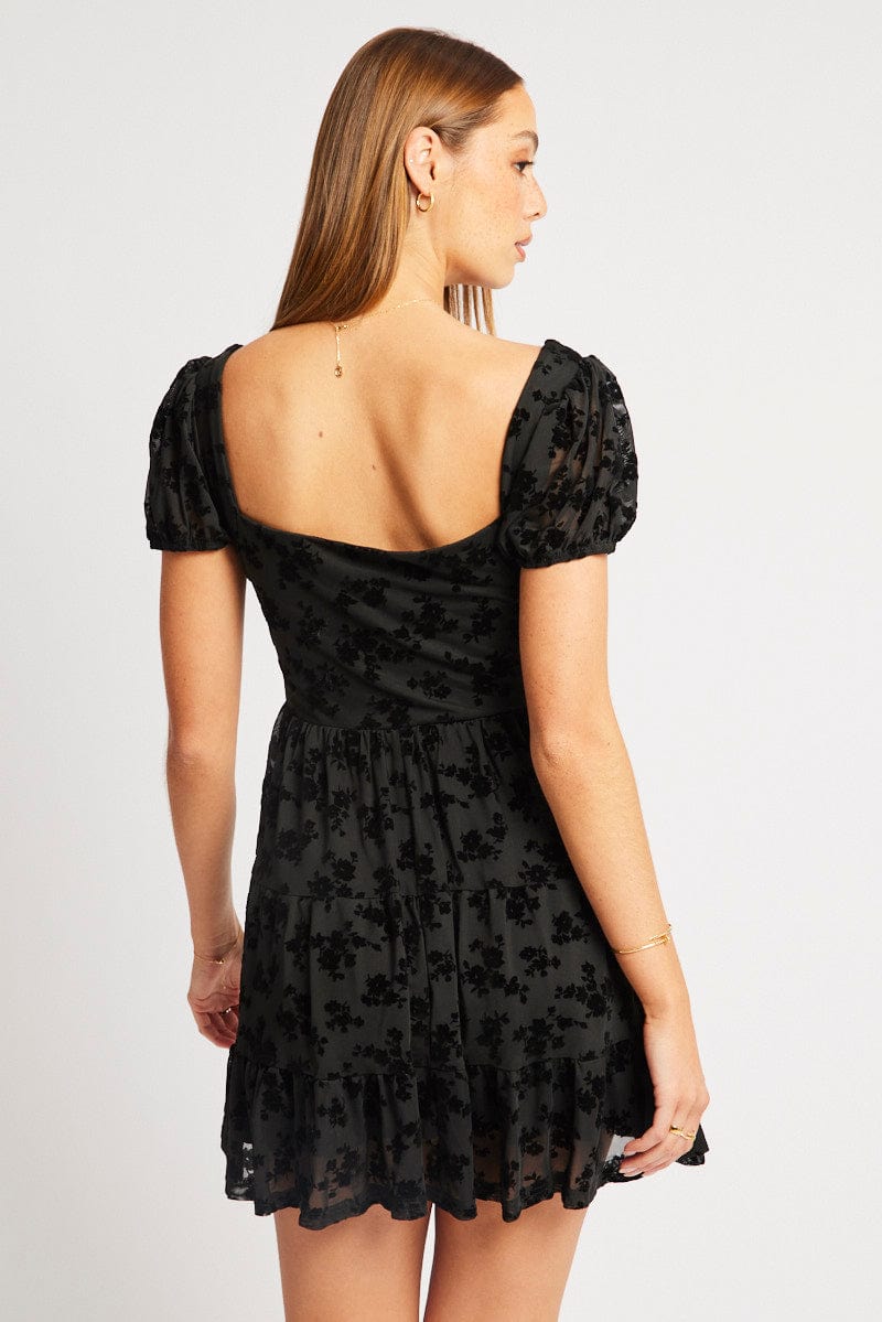 Black Fit And Flare Dress Mini Burn Out