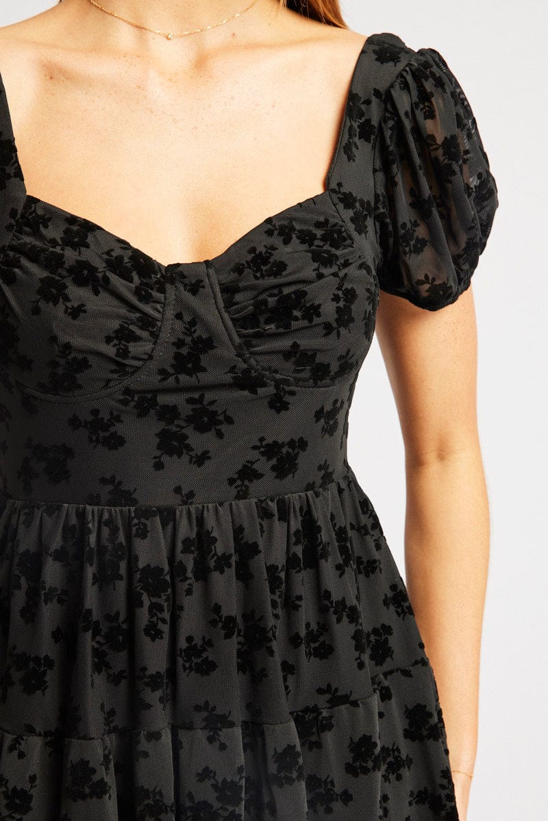 Black Fit And Flare Dress Mini Burn Out