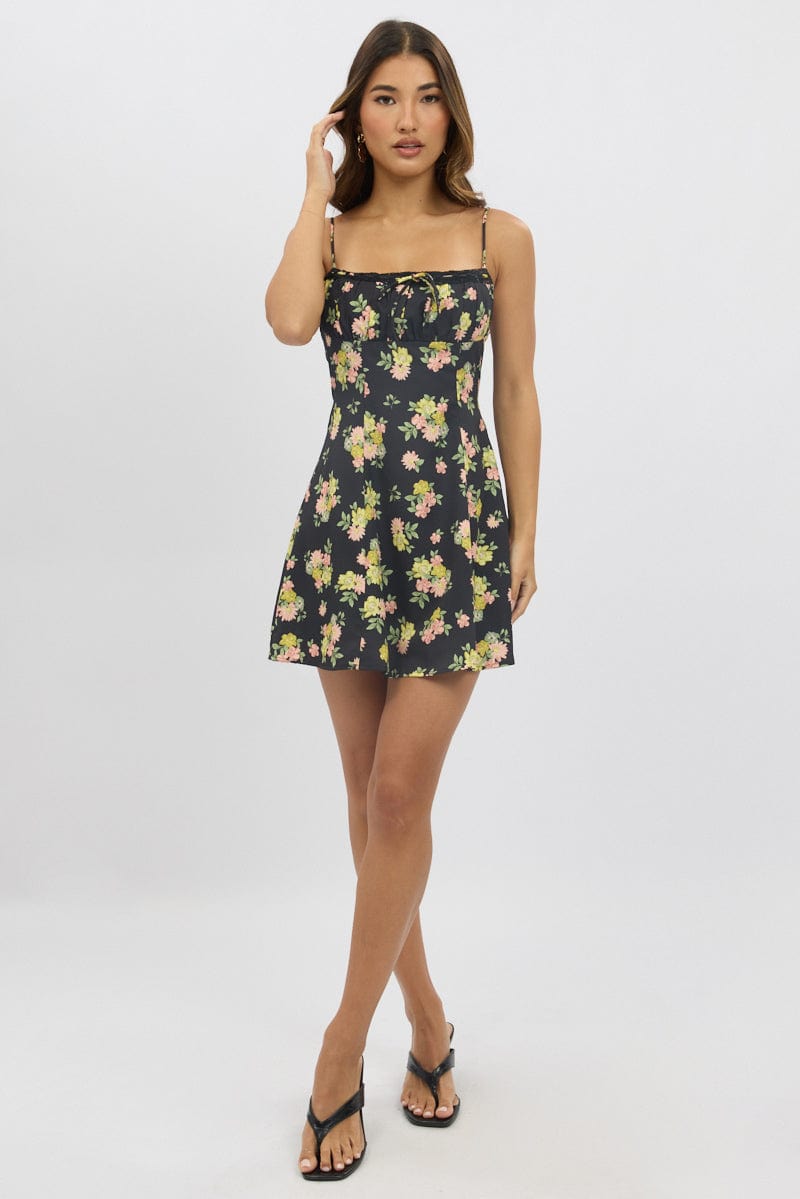 Black Floral Mini Dress Strappy