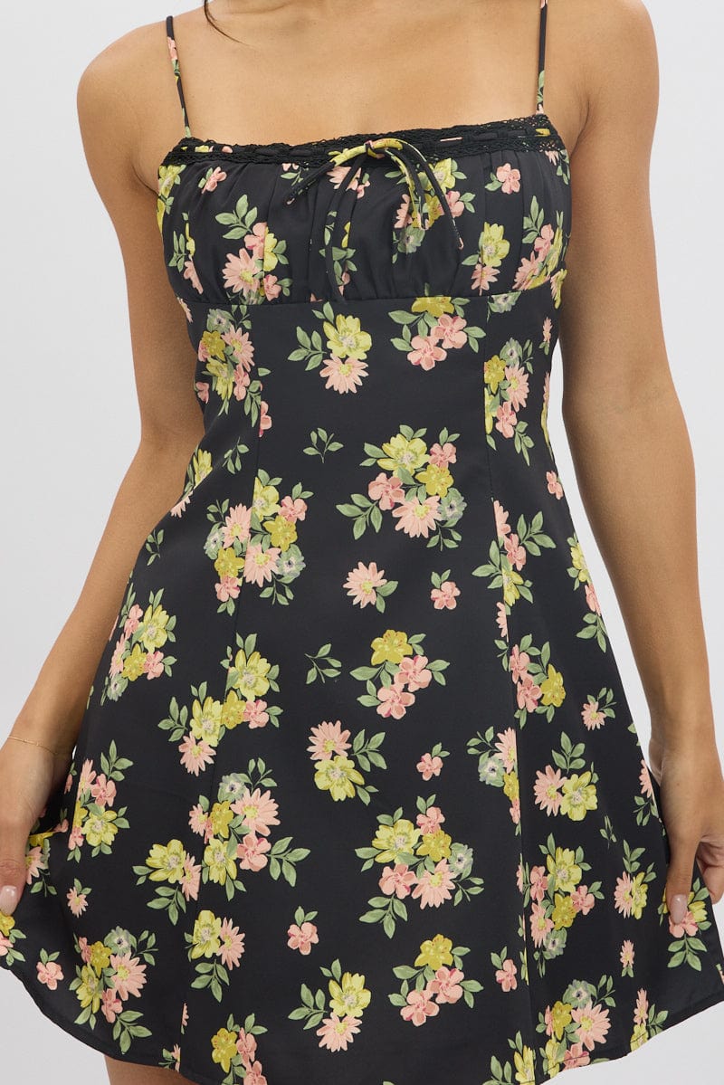 Black Floral Mini Dress Strappy