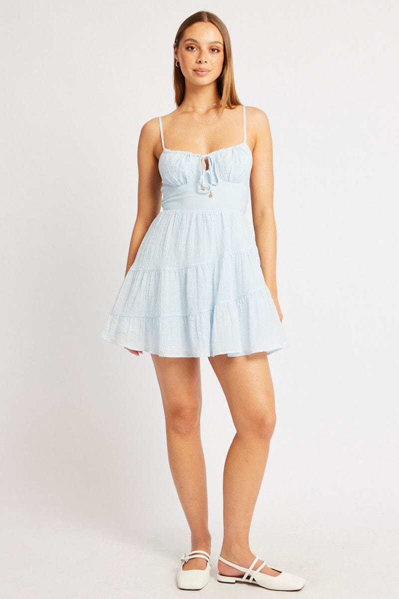 Blue Fit And Flare Dress Mini Tiered