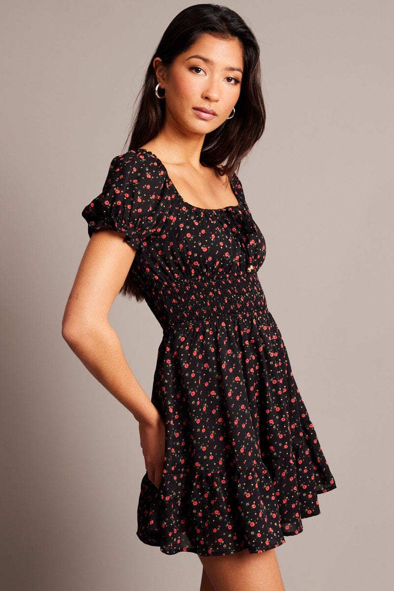 Black Ditsy Fit And Flare Dress Mini