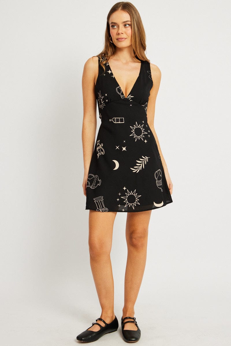 Black Abstract A Line Mini Dress Sleeveless