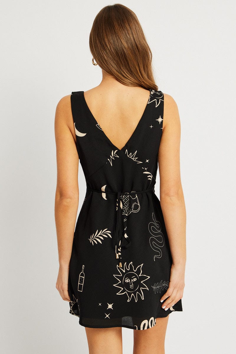 Black Abstract A Line Mini Dress Sleeveless