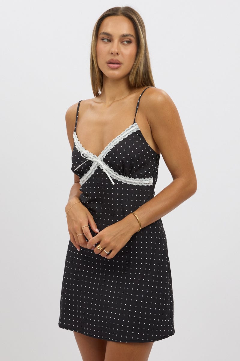 Black Polka Dot Mini Dress V-Neck Strappy