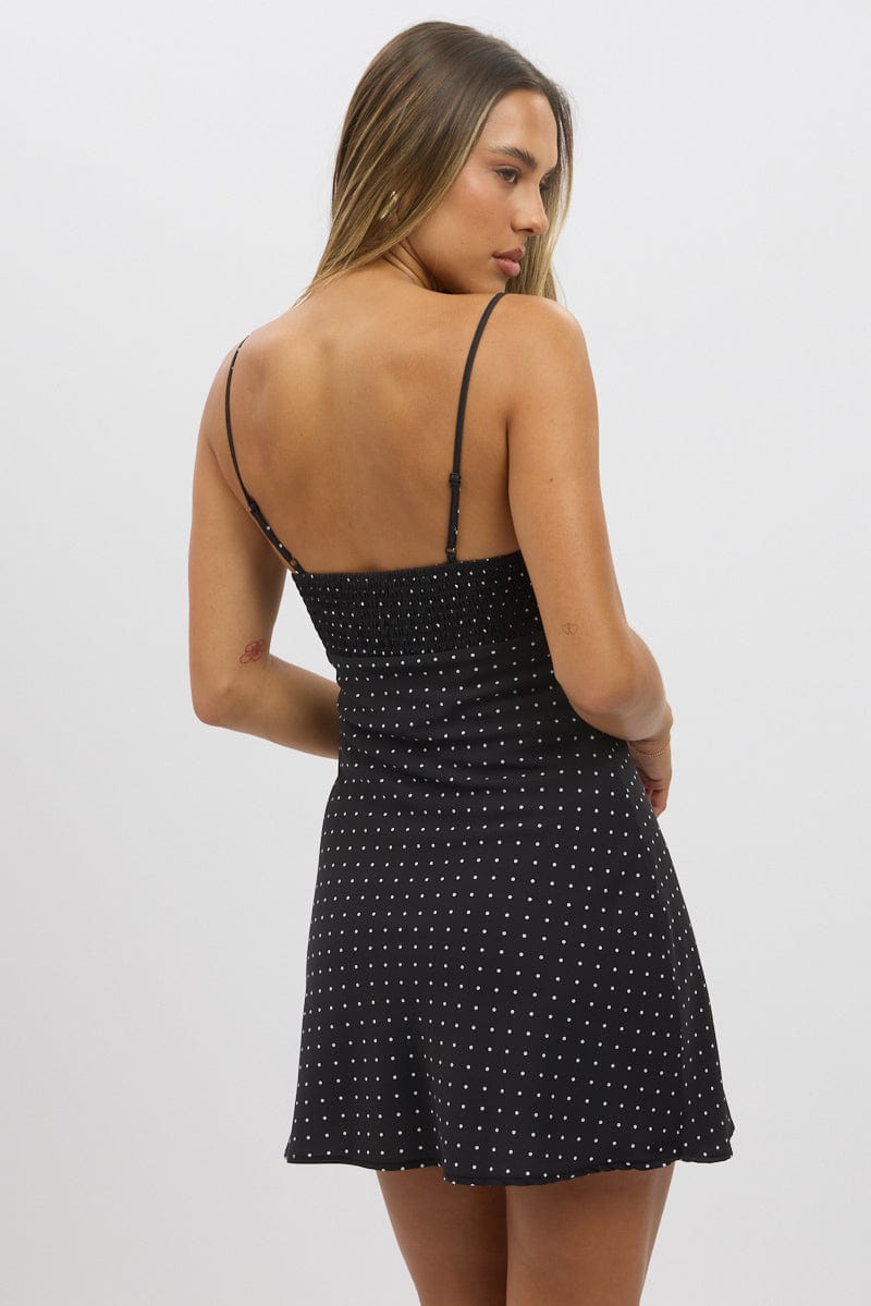 Black Polka Dot Mini Dress V-Neck Strappy