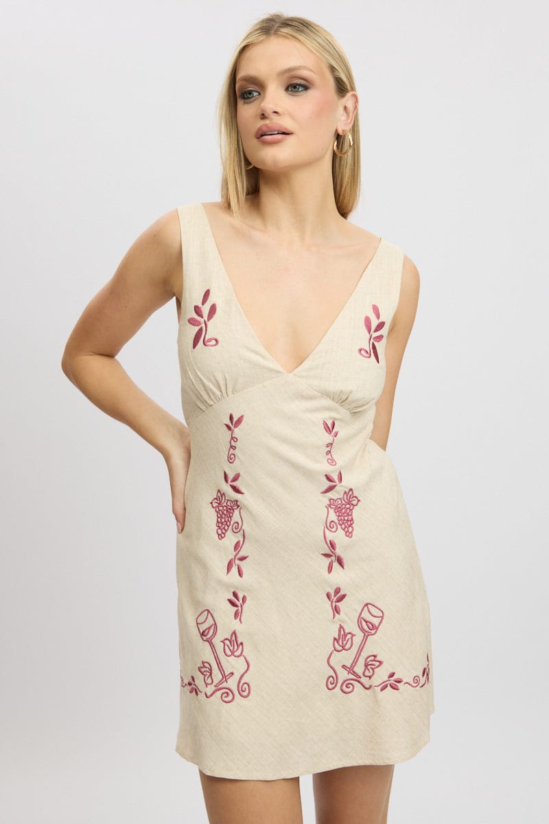Beige Mini Dress V Neck Embroidery