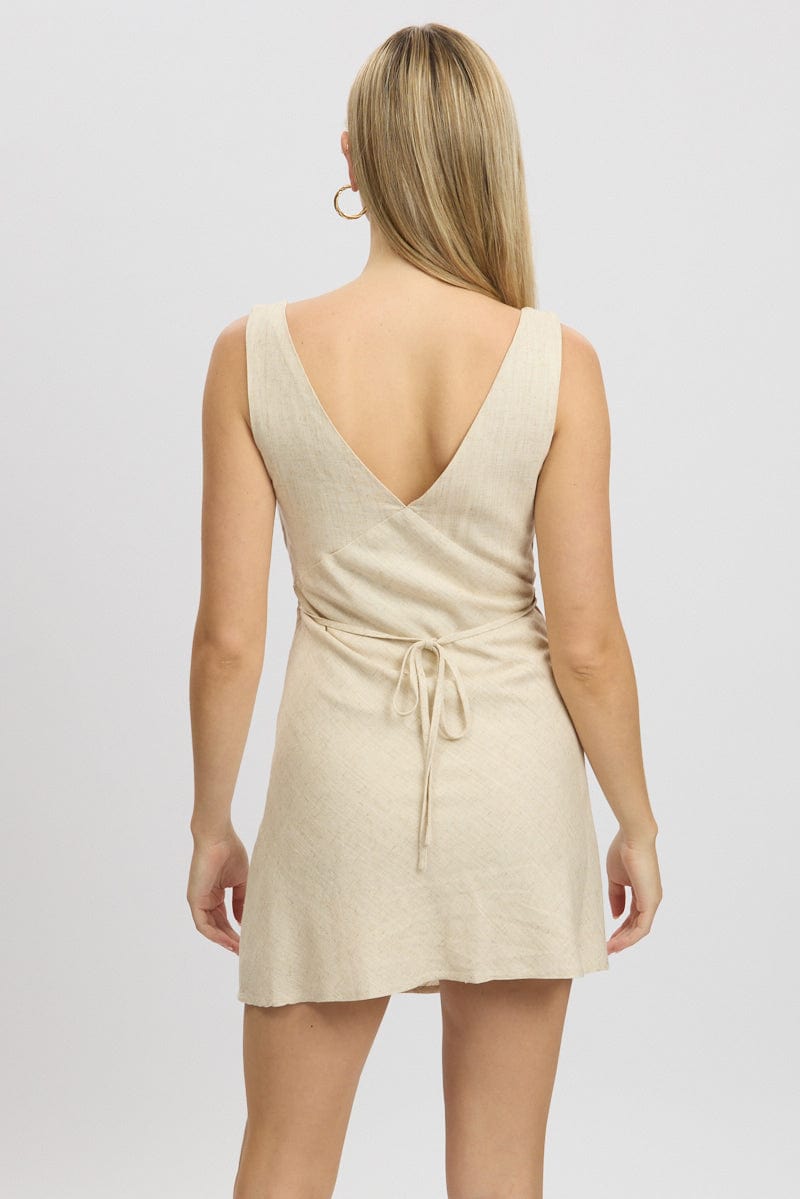 Beige Mini Dress V Neck Embroidery